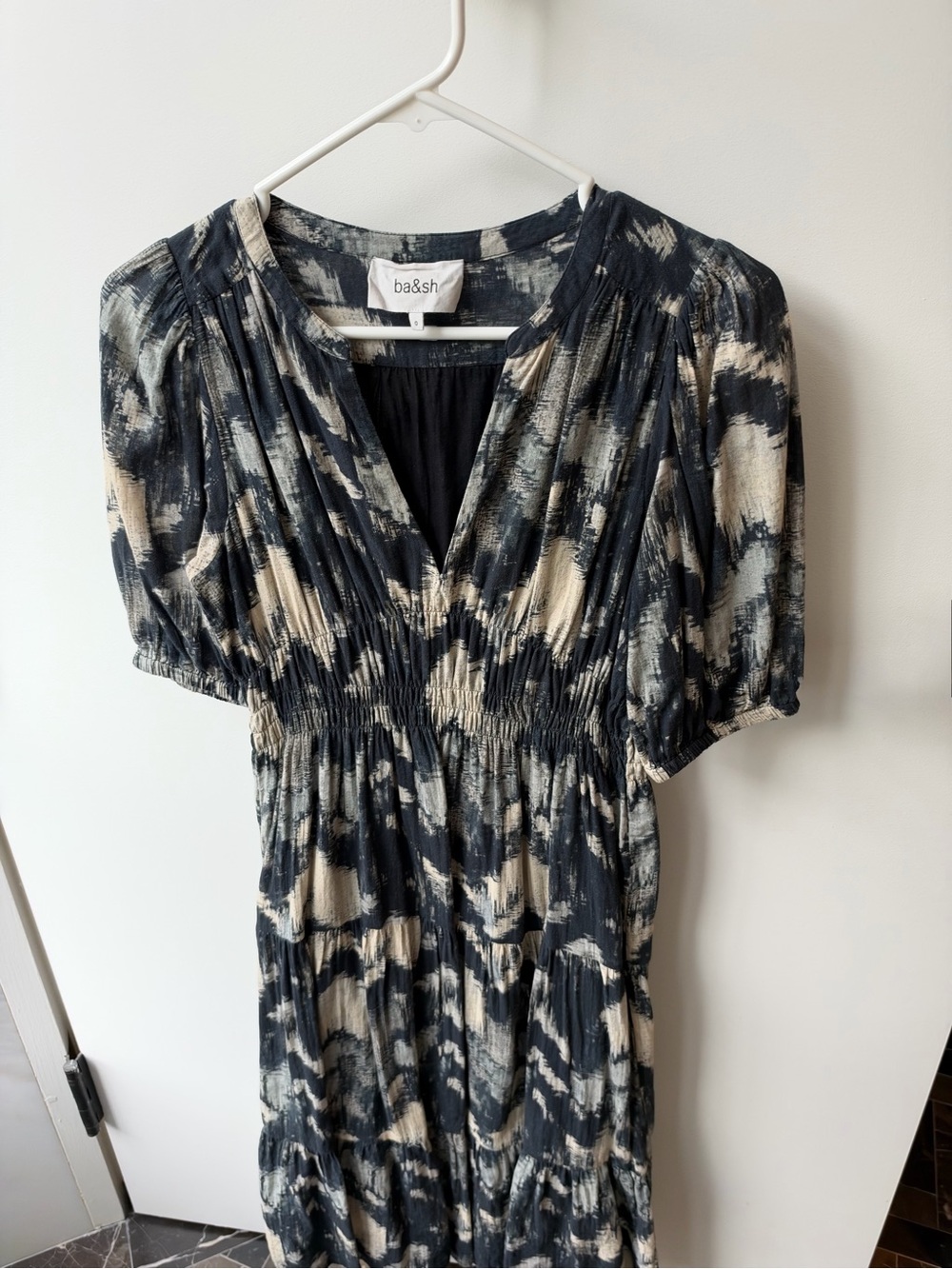 ba&sh Black and Cream V-Neck Smocked Waist Dress